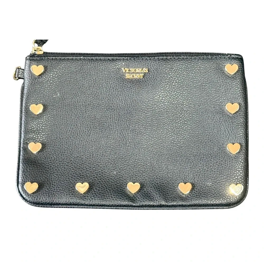 Victoria's Secret Wristlet Clutch Womens Black Faux Leather Gold Heart Studs Y2K